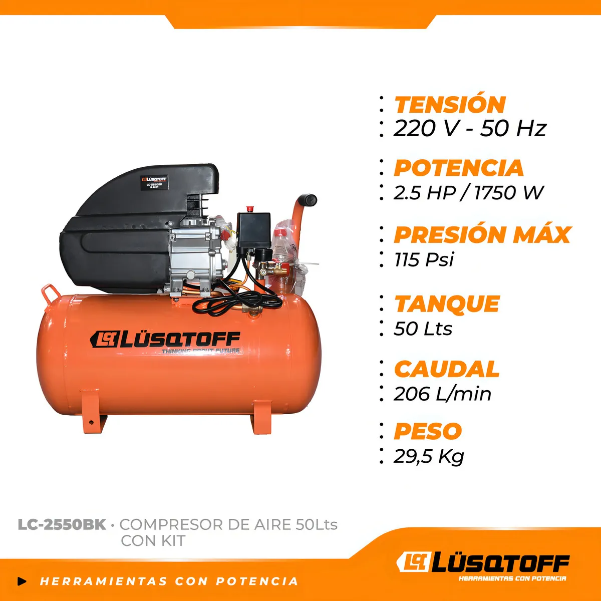 Compresor De Aire Eléctrico Portátil Lüsqtoff Lc-2550 Monofásico 50l 2.5hp 50hz Naranja