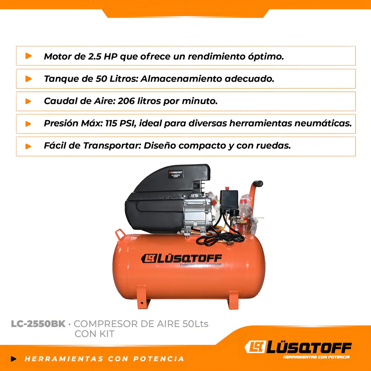 Compresor De Aire Eléctrico Portátil Lüsqtoff Lc-2550 Monofásico 50l 2.5hp 50hz Naranja